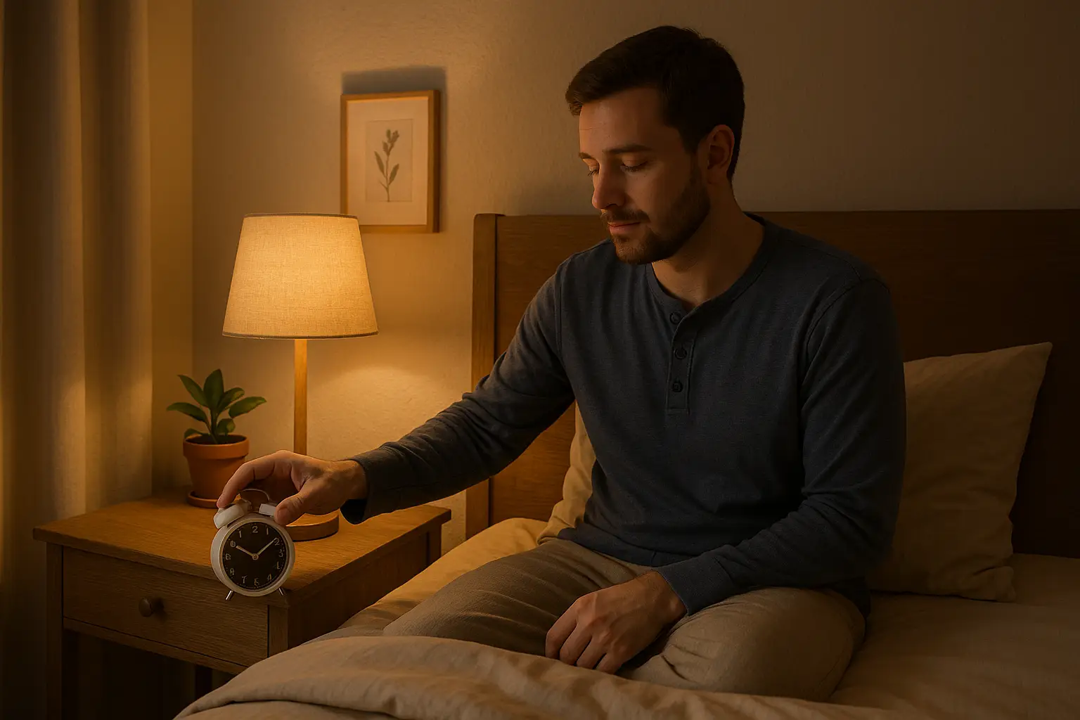 Man setting bedtime alarm to improve sleep naturally