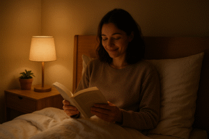 Woman reading book at night instead of using phone for better sleep”