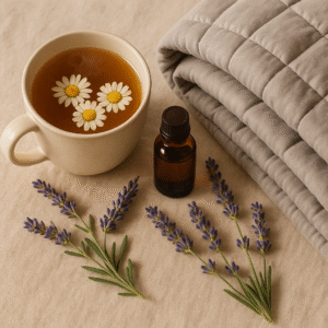 Natural sleep aids like chamomile tea, lavender essential oil, and weighted blanket”