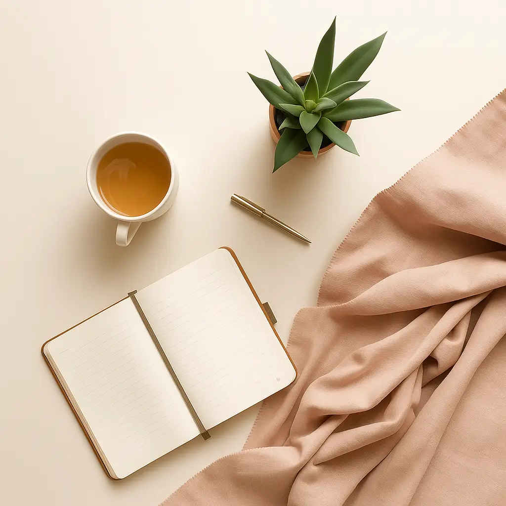 20250903_2041_Cozy Workspace Essentials_remix_01k4820dt8eak8spj8jaq0f9hm Calm Bloom wellness lifestyle with tea, plant, and journal