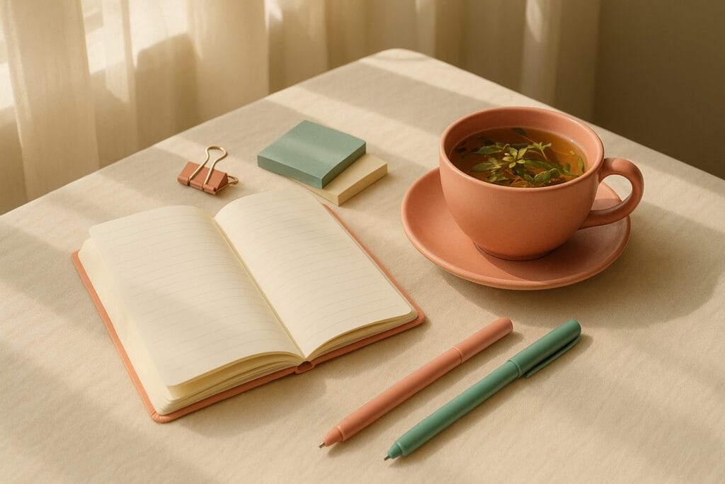 Cozy morning with tea and notebook.