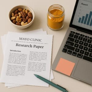 Flat-lay of research printouts, mixed nuts and turmeric — combining science and traditional food wisdom.