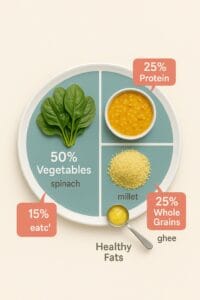“Balanced plate diagram showing portions and Indian examples for vegetables, protein, grains and fats.”