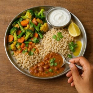 Balanced Indian thali with vegetables, millets, dal and curd — example of a healthy plate
