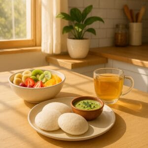 A bright morning kitchen scene with a balanced Indian breakfast (idli, fruit bowl, green tea, sunlight streaming in).