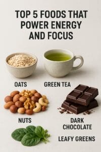 Top 5 Foods That Power Energy and Focus” – icons for oats, nuts, green tea, dark chocolate, and leafy greens