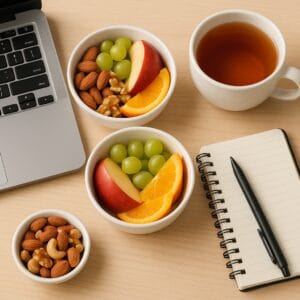 The Ultimate Guide to Nutrition for Everyday Wellness 10 Office desk setup with healthy snacks (nuts, fruit, tea) beside a laptop and notebook.