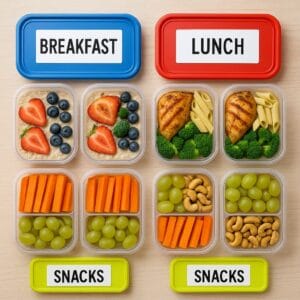 The Ultimate Guide to Nutrition for Everyday Wellness 13 Weekly meal prep setup with colorful containers labeled breakfast, lunch, snacks.