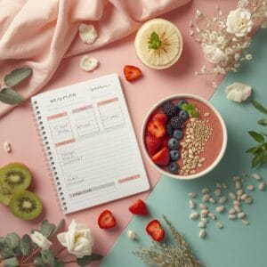 The Ultimate Guide to Nutrition for Everyday Wellness 18 Meal plan notebook, smoothie bowl, fresh produce, and supplements in a soft pastel setup.
