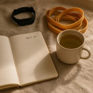 A cozy morning scene with a journal, a cup of green tea, a fitness tracker, and resistance bands