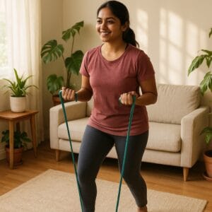 An Indian woman doing resistance band workouts in her living room