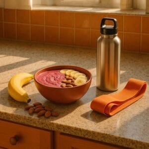 ndian kitchen counter with a smoothie bowl, banana, almonds, and a reusable water bottle