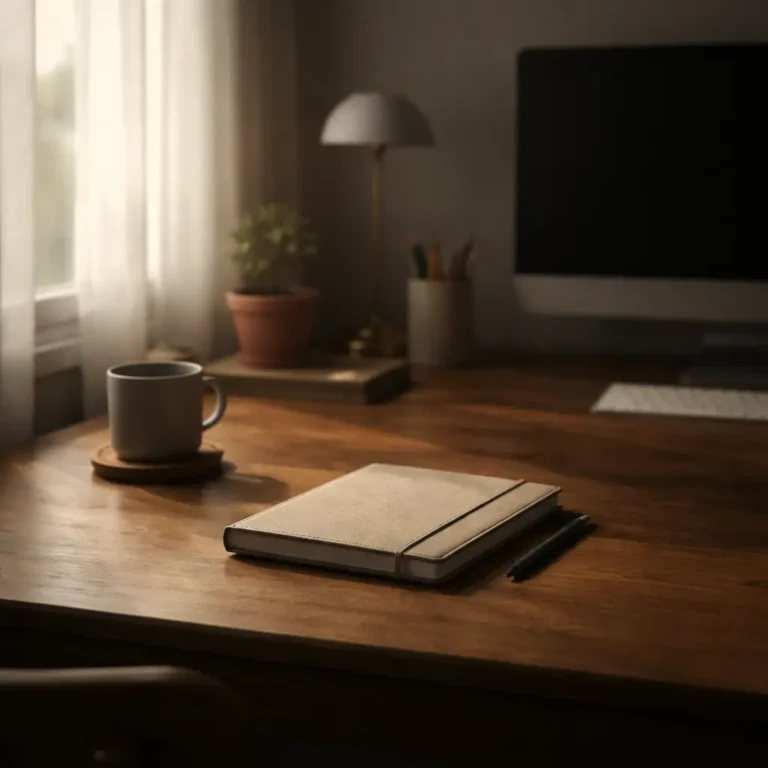 Cozy workspace with notebook and coffee