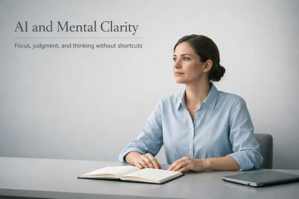 AI and Mental Clarity 1 editorial minimalist illustration, cognitive pause, negative space, cool neutral palette, reflective not emotional, tool present but inactive, educational tone