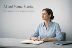 Home 3 editorial minimalist illustration, cognitive pause, negative space, cool neutral palette, reflective not emotional, tool present but inactive, educational tone